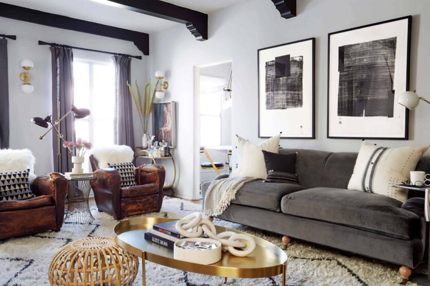 brady-tolbert-design_emily-henderson_living-room_eclectic_pavillion-grey_farrow-and-ball_brass-coffee-table_english-roll-arm_albini_masculine_traditional_west-elm_souk_flokati_leather_4